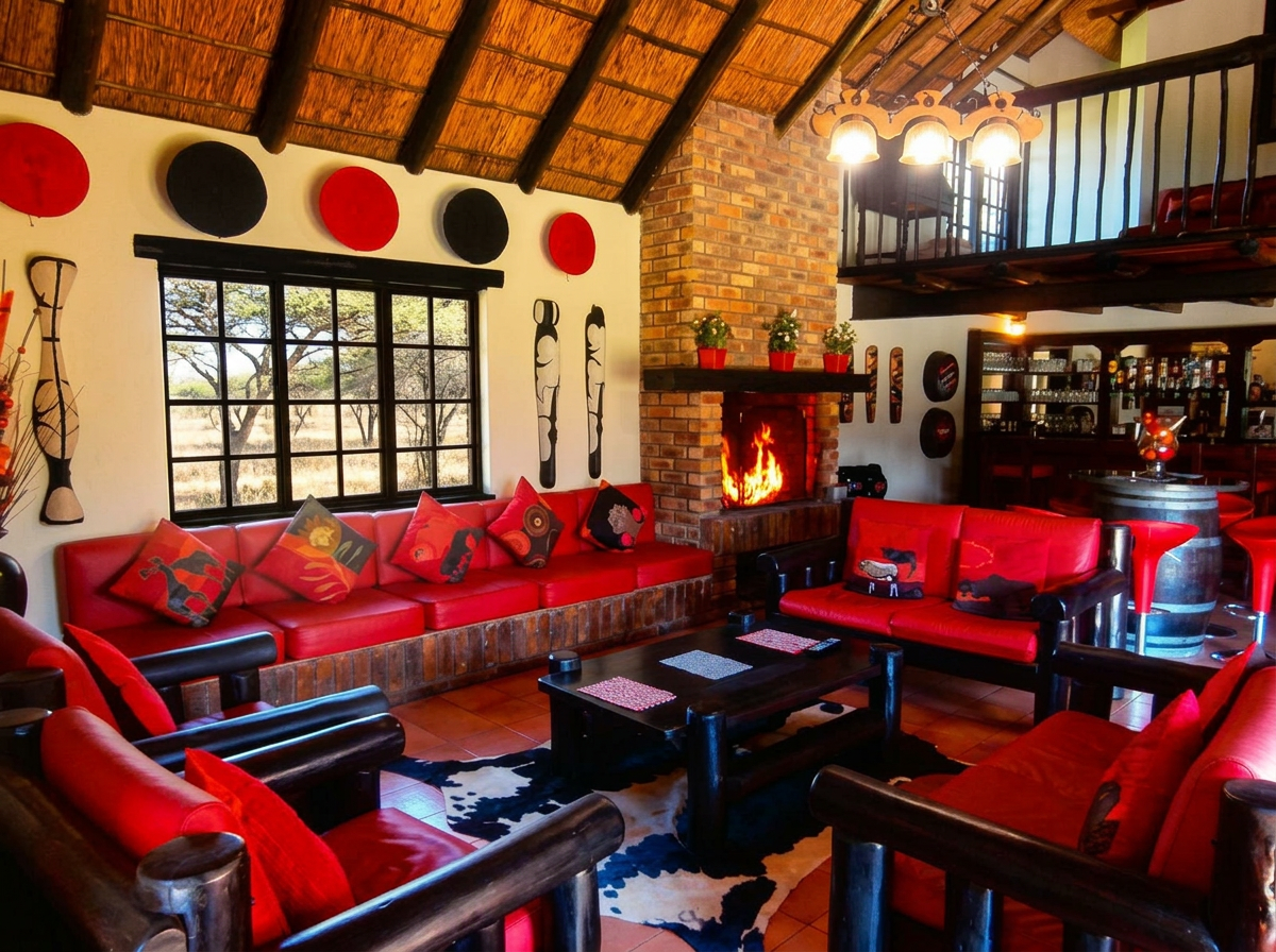 Guest lounge with fireplace and bar